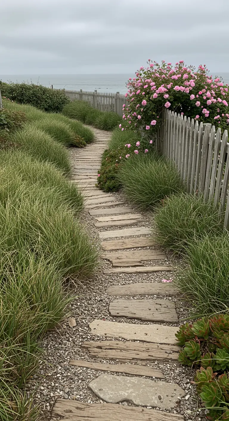 Sendero costero con tablas de madera, grava, hierbas ornamentales y un rosal junto a una valla.