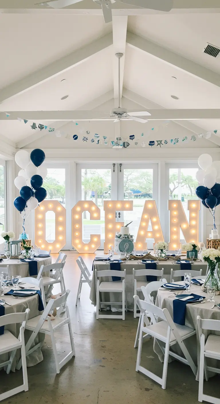 Letras 'OCEAN' iluminadas en un salón de eventos luminoso con decoración en blanco y azul marino.
