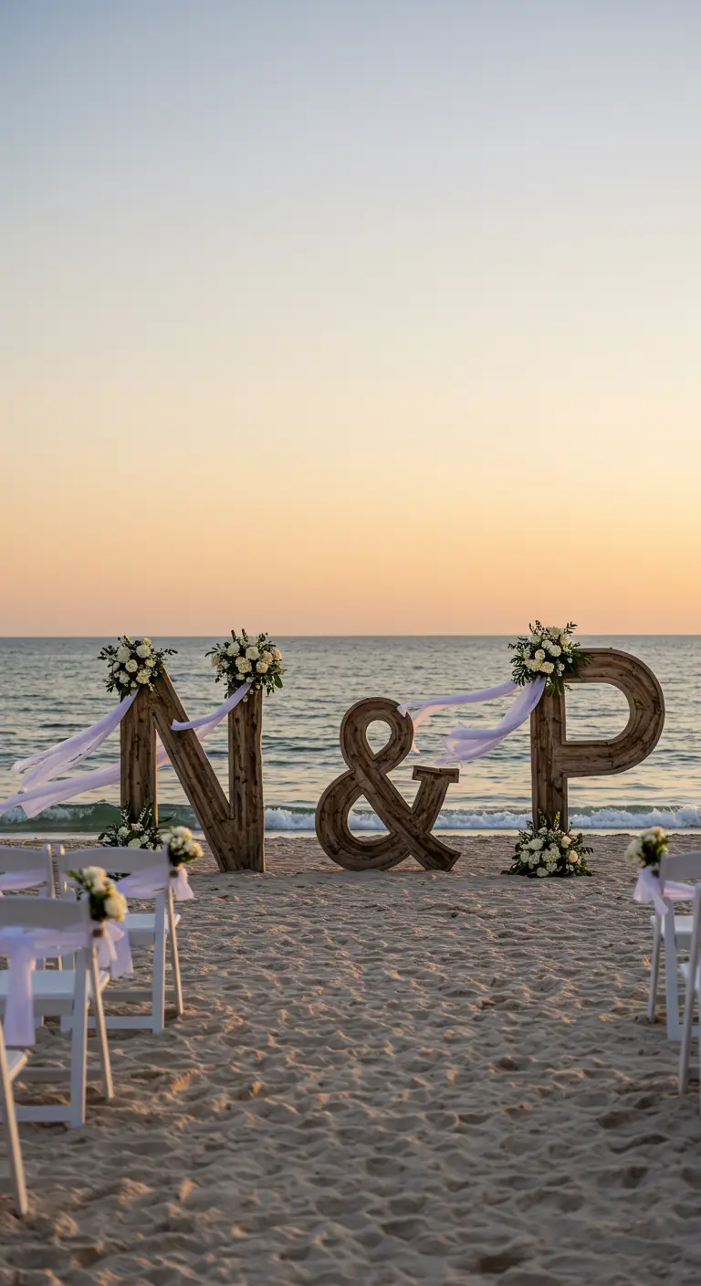 Letras gigantes de madera 'N & P' en la playa, decoradas con flores blancas para una ceremonia.
