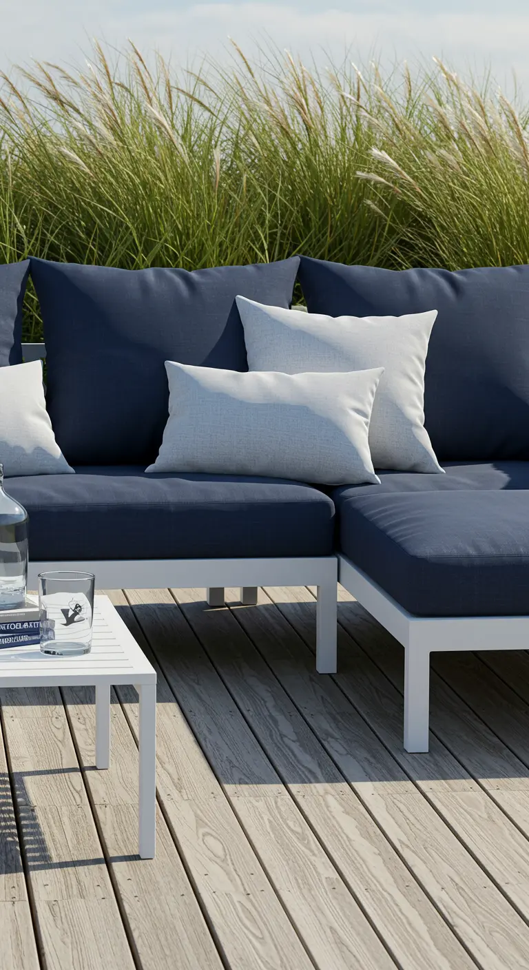 Sofá modular blanco en una terraza de madera, con cojines de color azul marino y gris claro.