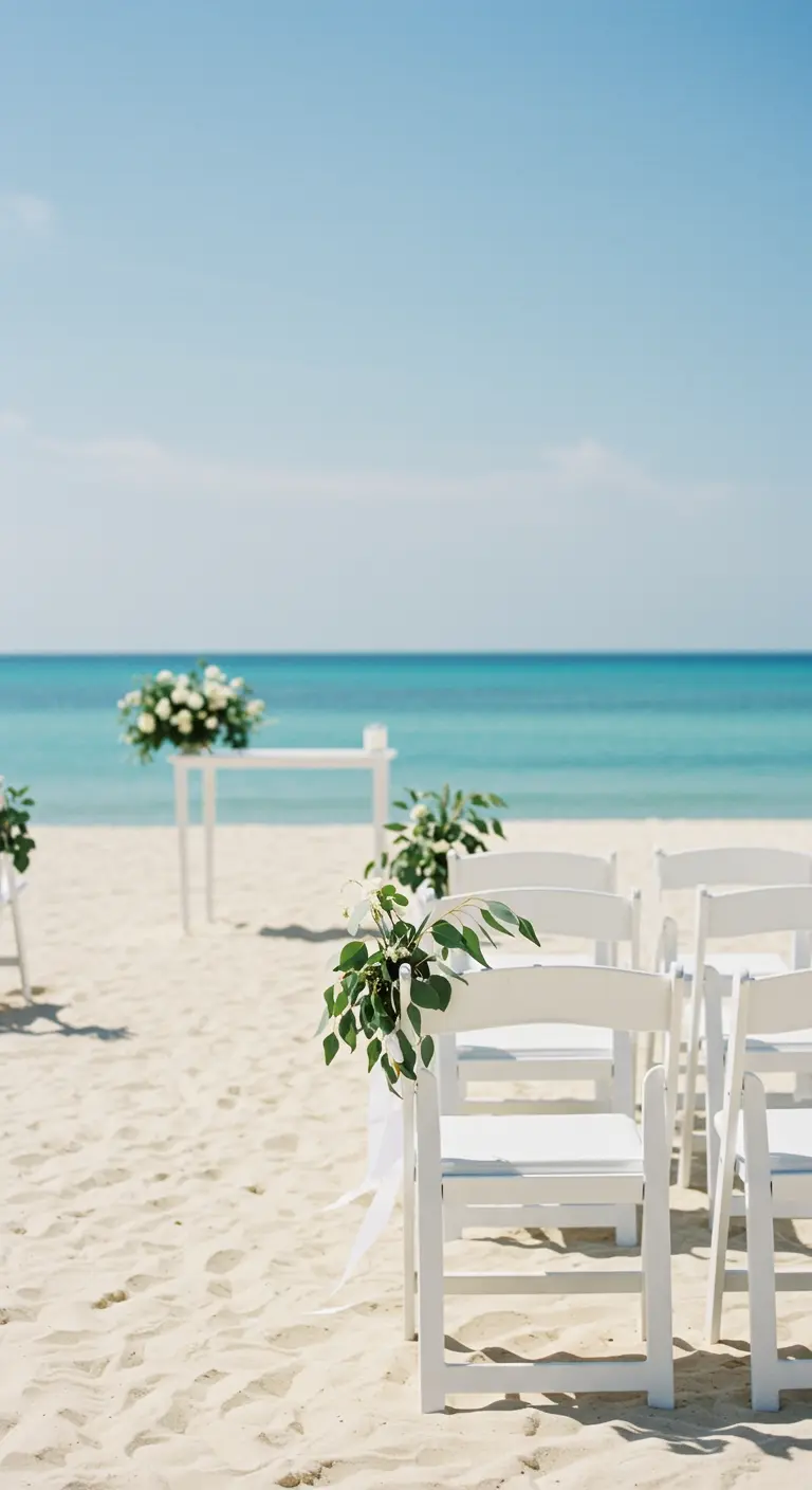Sillas blancas en una playa de arena fina decoradas con eucalipto y vistas al océano.