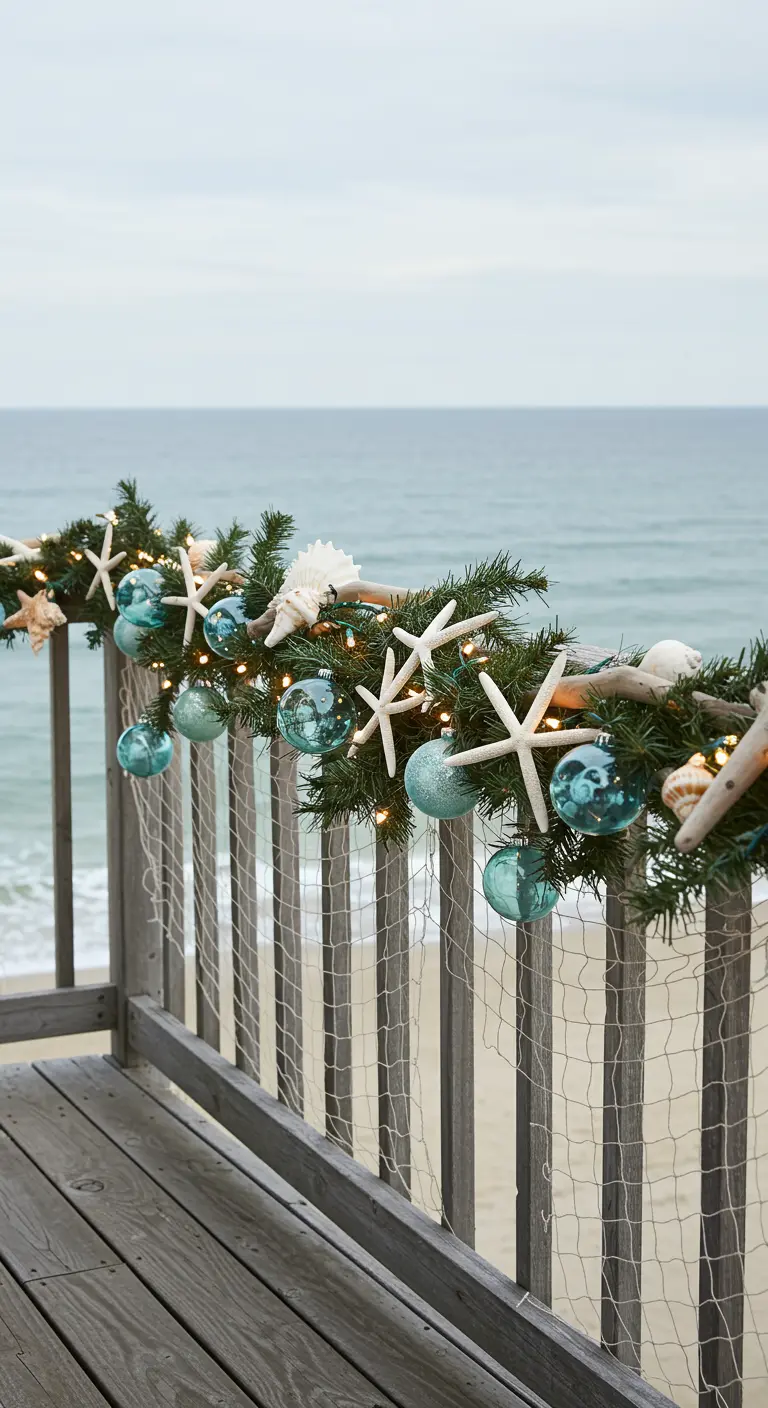Guirnalda en una barandilla de madera frente al mar, decorada con estrellas de mar y esferas azules.