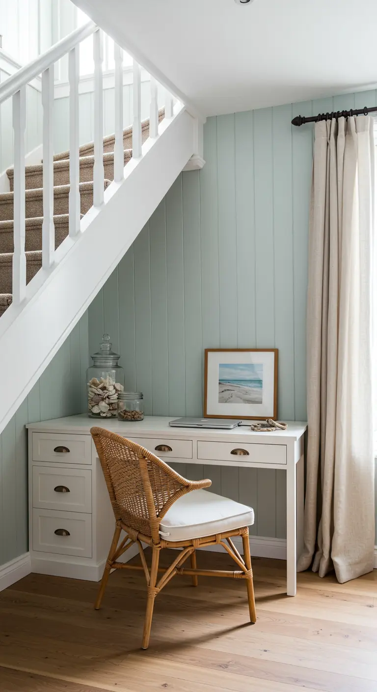 Rincón de trabajo de estilo costero con pared azul pálido, escritorio blanco y silla de ratán.