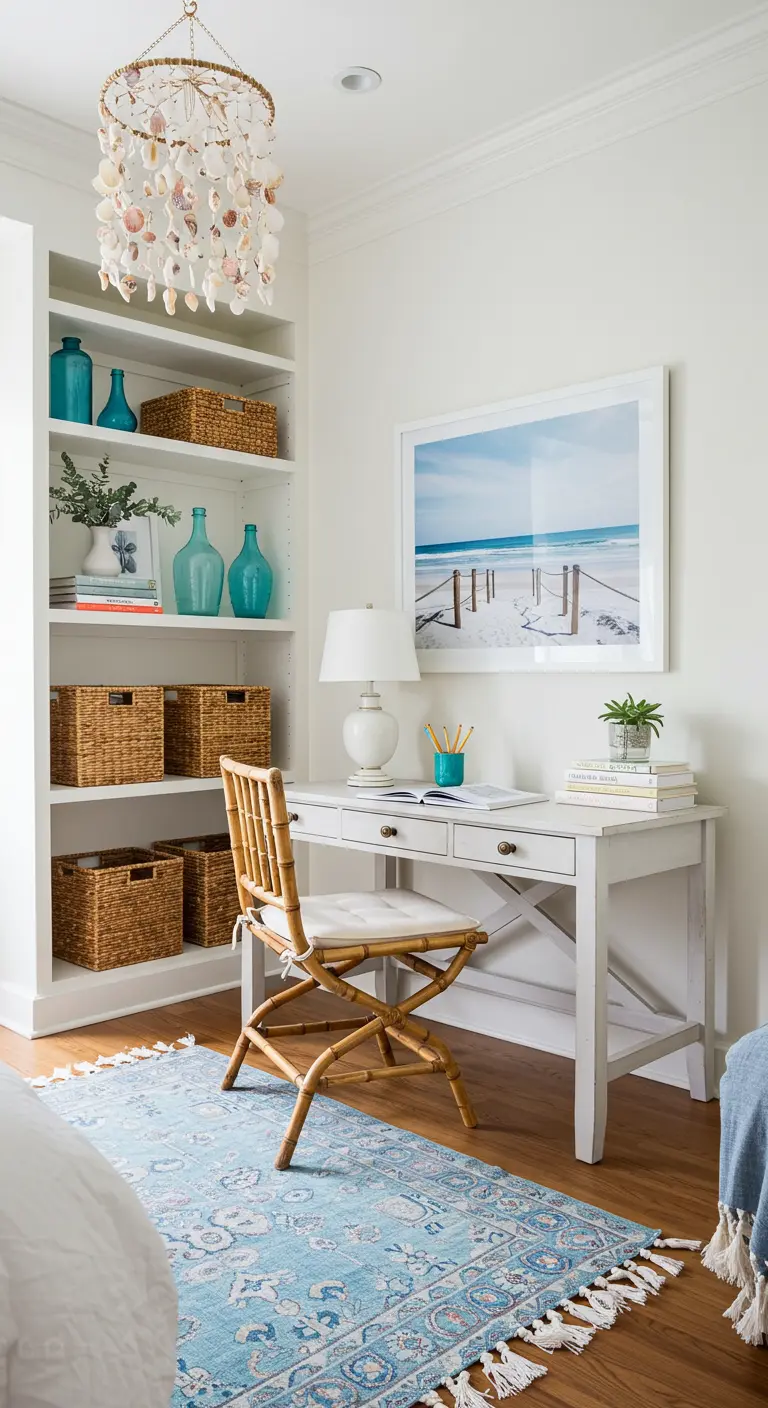 Rincón de trabajo de estilo boho costero con tonos blancos y azules y cestas de mimbre.