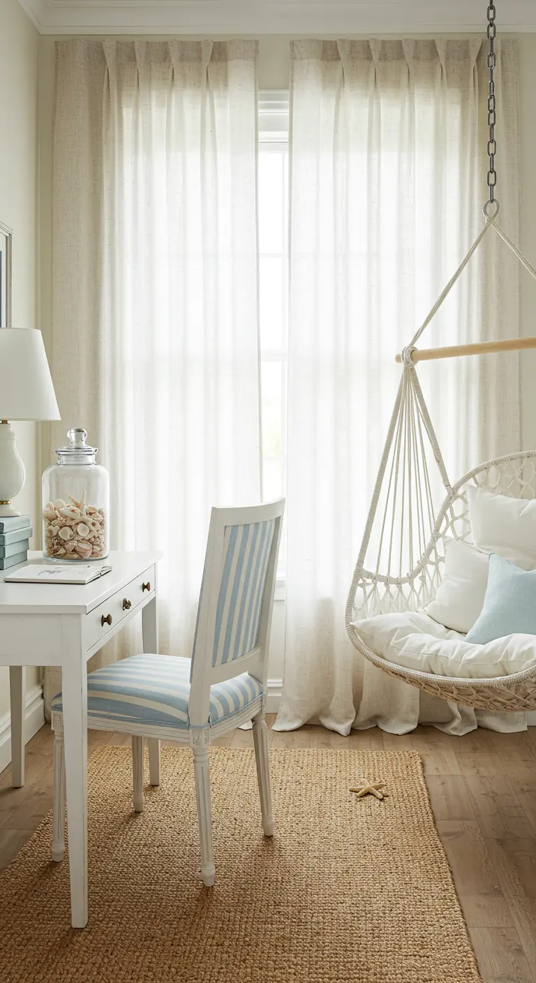 Oficina de estilo costero con escritorio blanco, silla a rayas y una silla colgante de macramé.