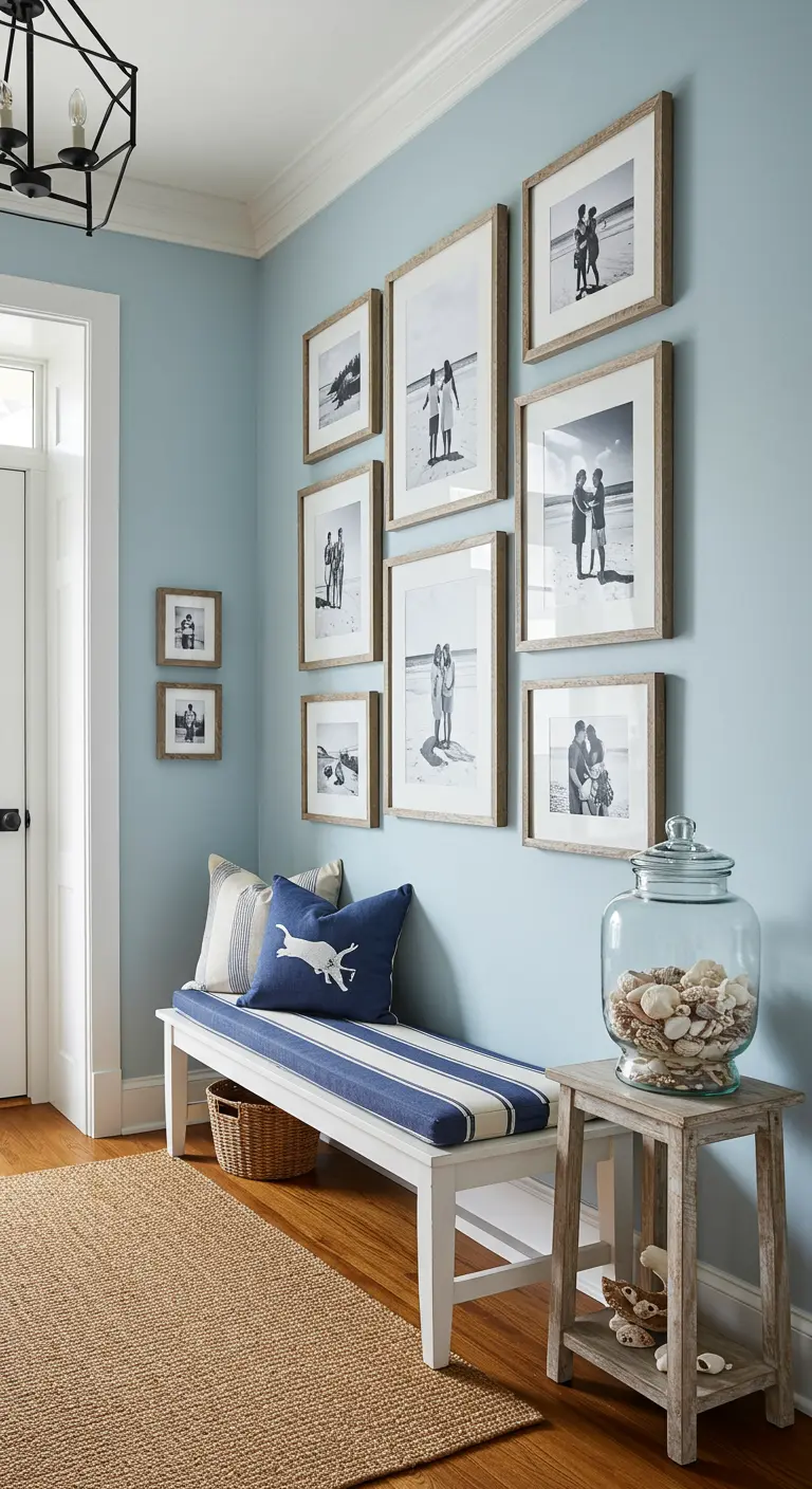 Entrada de estilo costero con pared azul claro y galería de fotos de playa en marcos de madera natural.