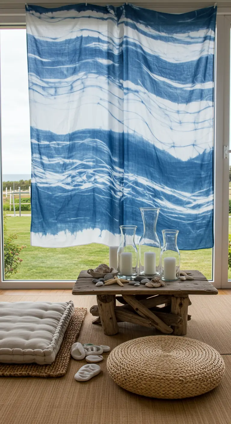 Espacio de meditación costero con tela teñida de azul, mesa de madera y piedras de playa.