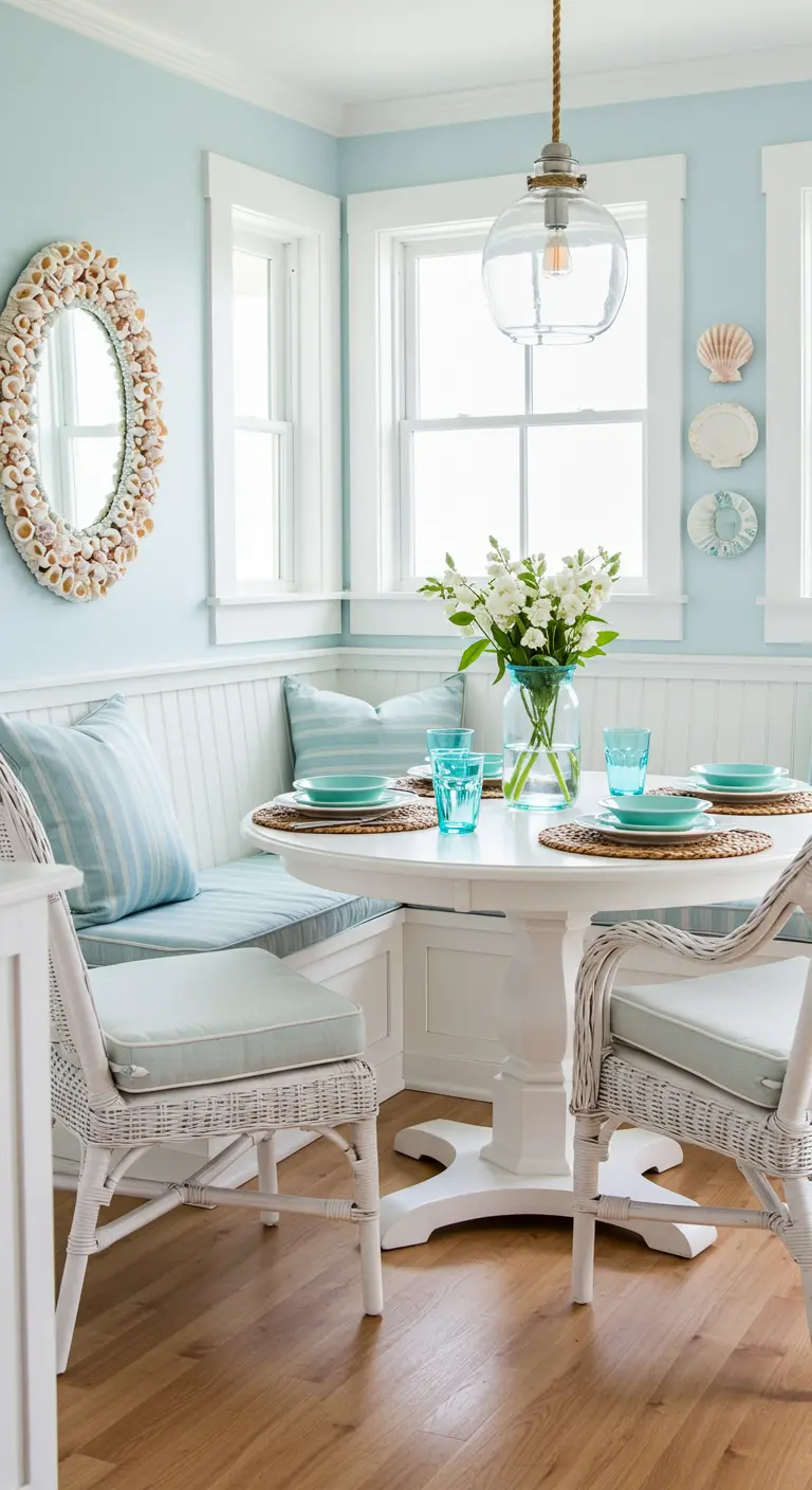 Comedor costero con banco blanco, cojines a rayas azules y detalles marinos.
