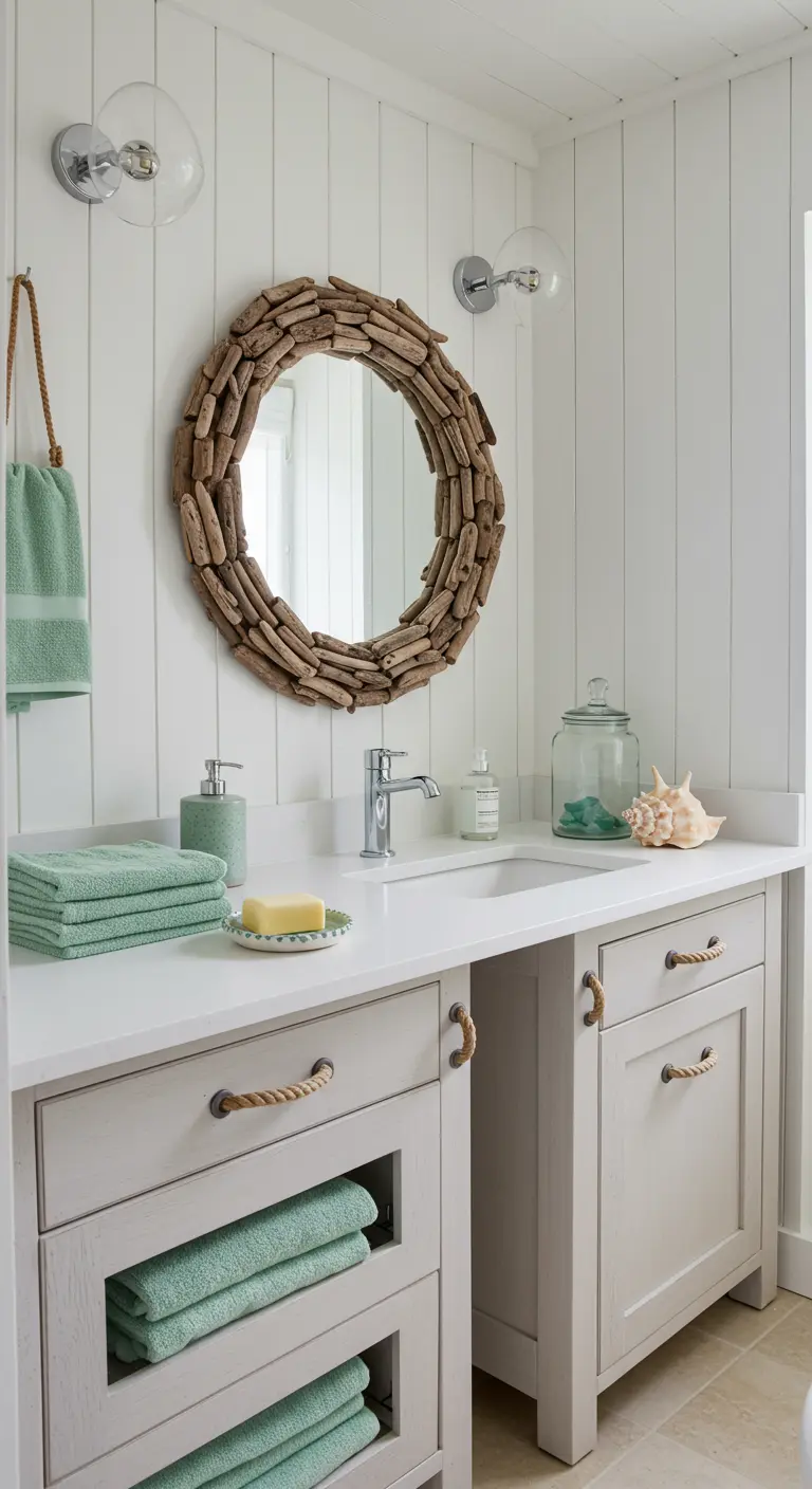 Baño de estilo costero con espejo de madera de deriva y tiradores de cuerda.