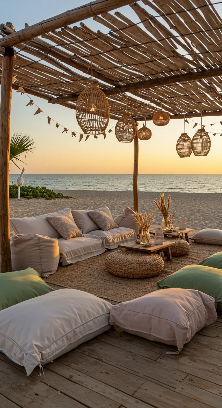 Terraza de playa con pérgola de caña, faroles de ratán y cojines neutros.