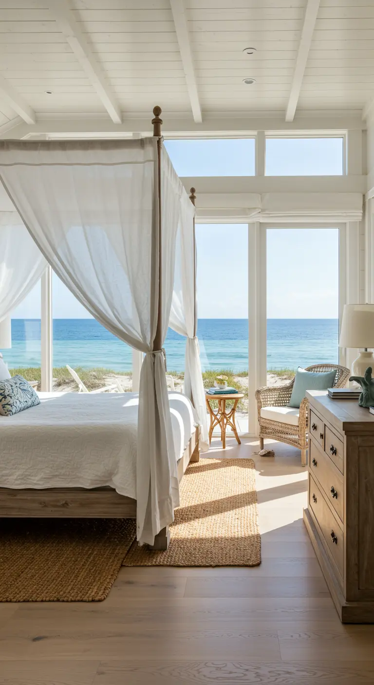 Dormitorio con cama con dosel y vistas al mar, decorado en tonos neutros y naturales.