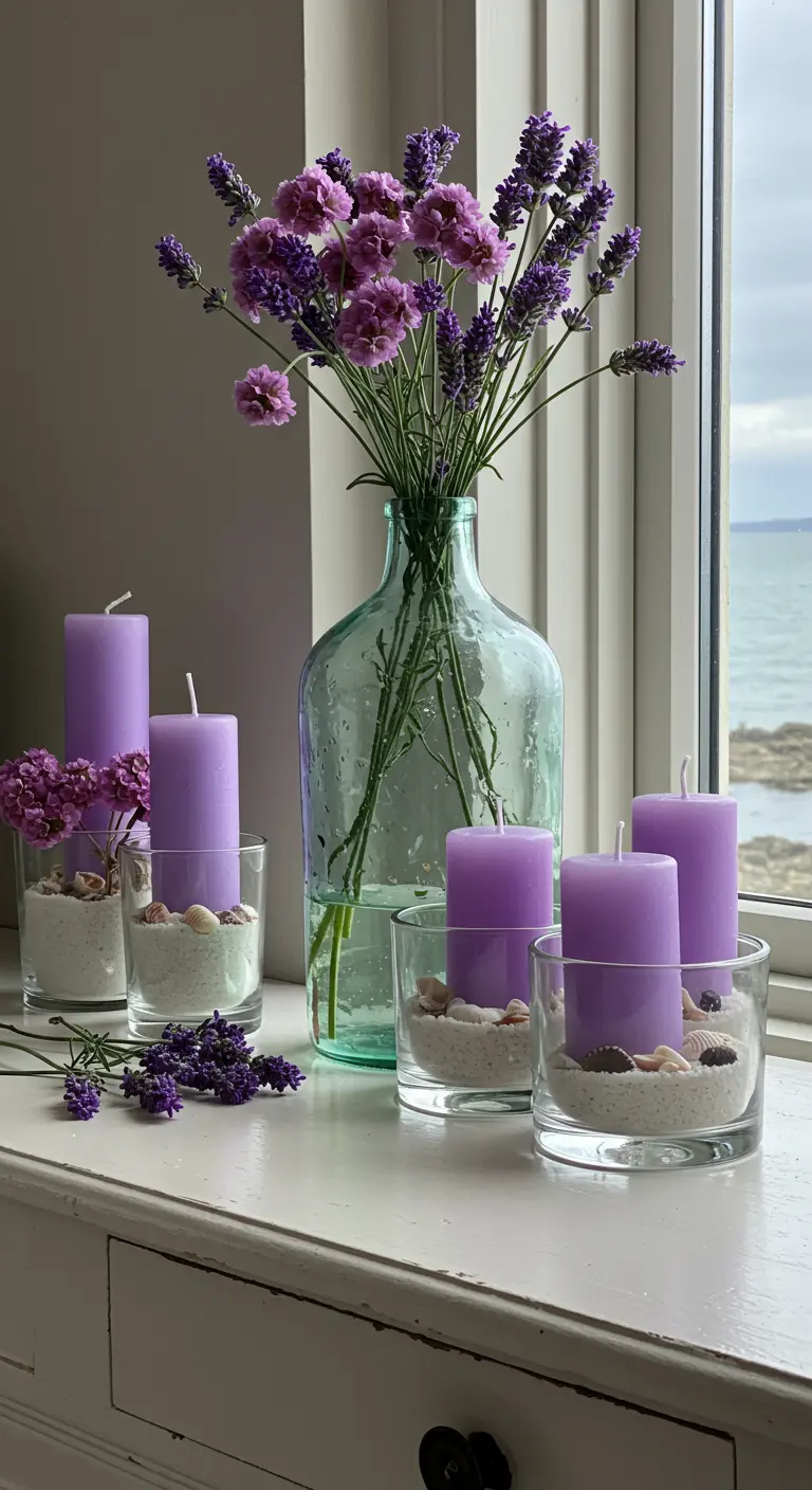 Altar costero en un alféizar con velas moradas en vasos con arena y un jarrón de vidrio verde.