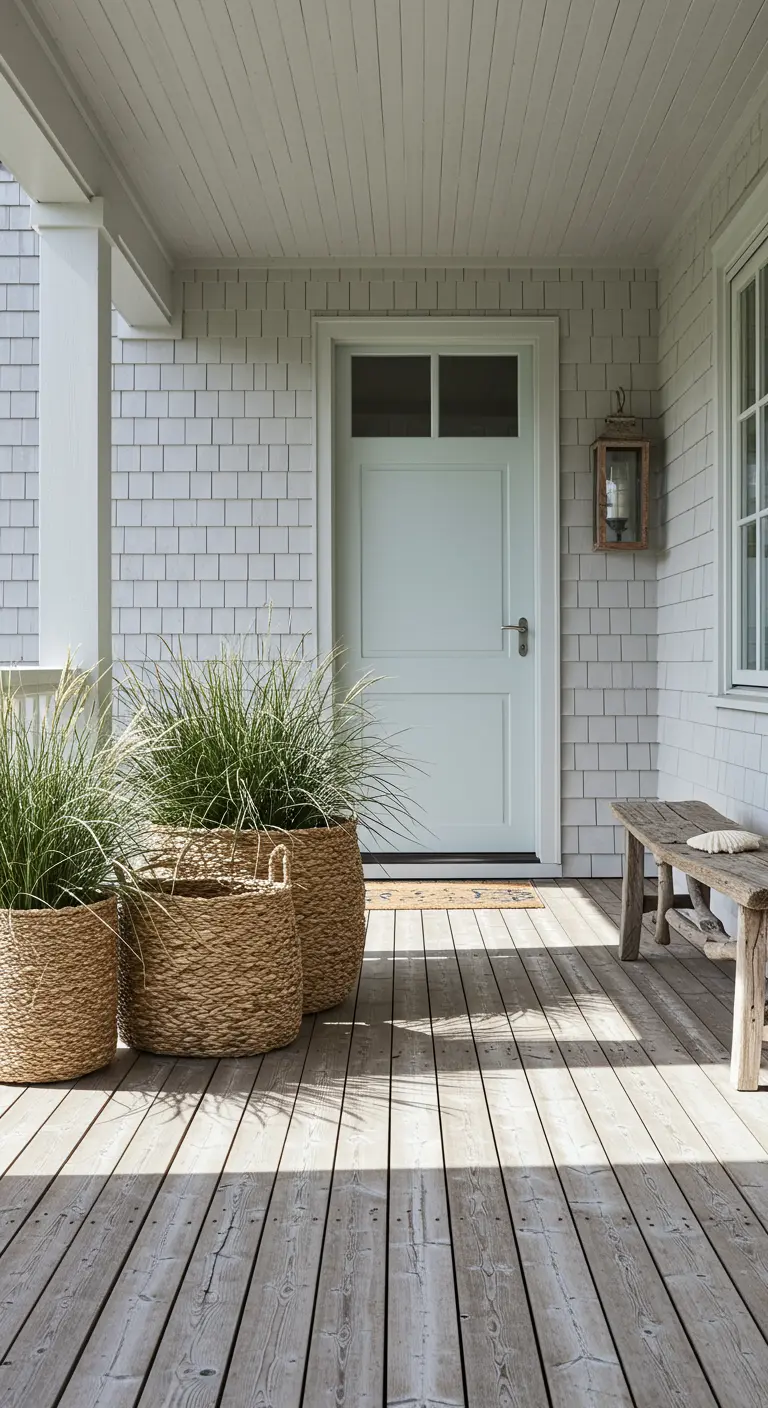 Porche costero con revestimiento de tablillas grises, puerta azul claro y cestas de mimbre con gramíneas.