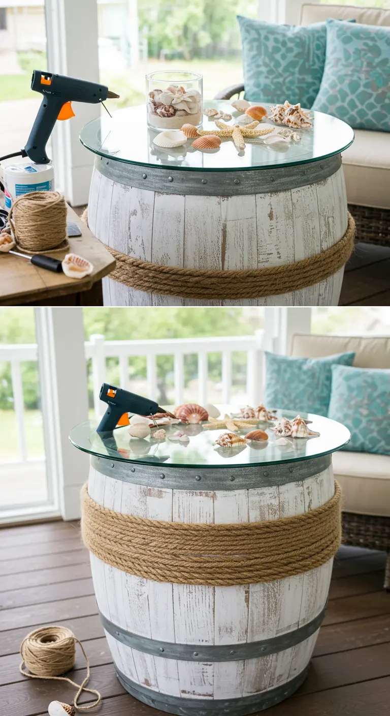 Mesa de centro con barril pintado de blanco, cuerda de yute y tapa de cristal con conchas marinas