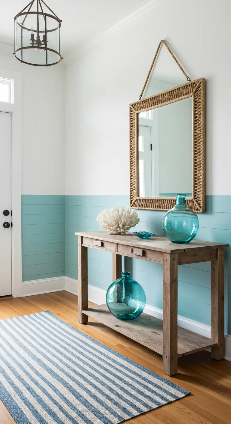 Recibidor de estilo costero con friso de madera pintado en azul claro y detalles naturales.