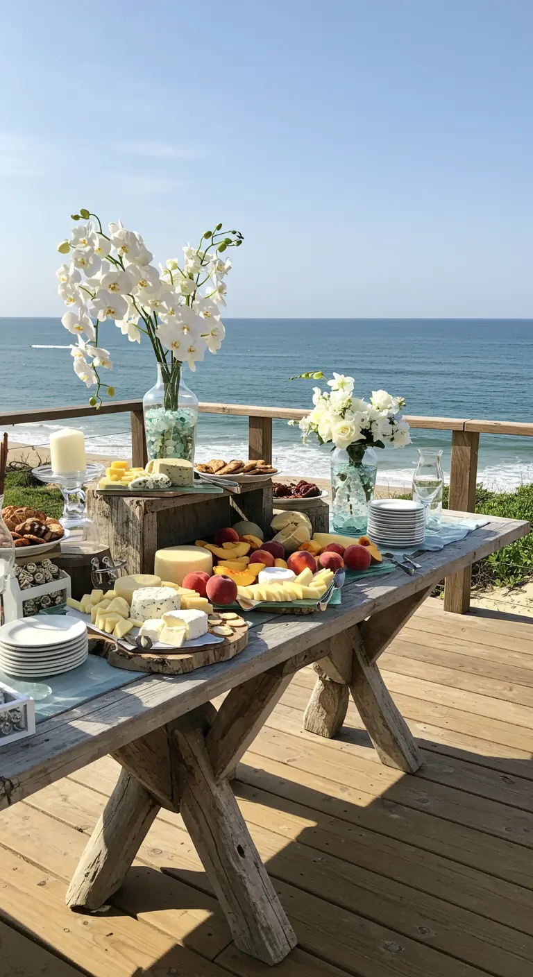 Mesa de quesos en una terraza de madera con vistas al mar y flores blancas.