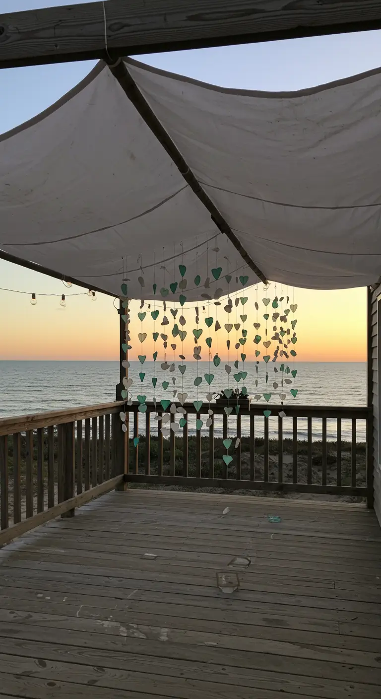 Móvil de corazones de cristal de mar colgando en un porche con vistas al océano.
