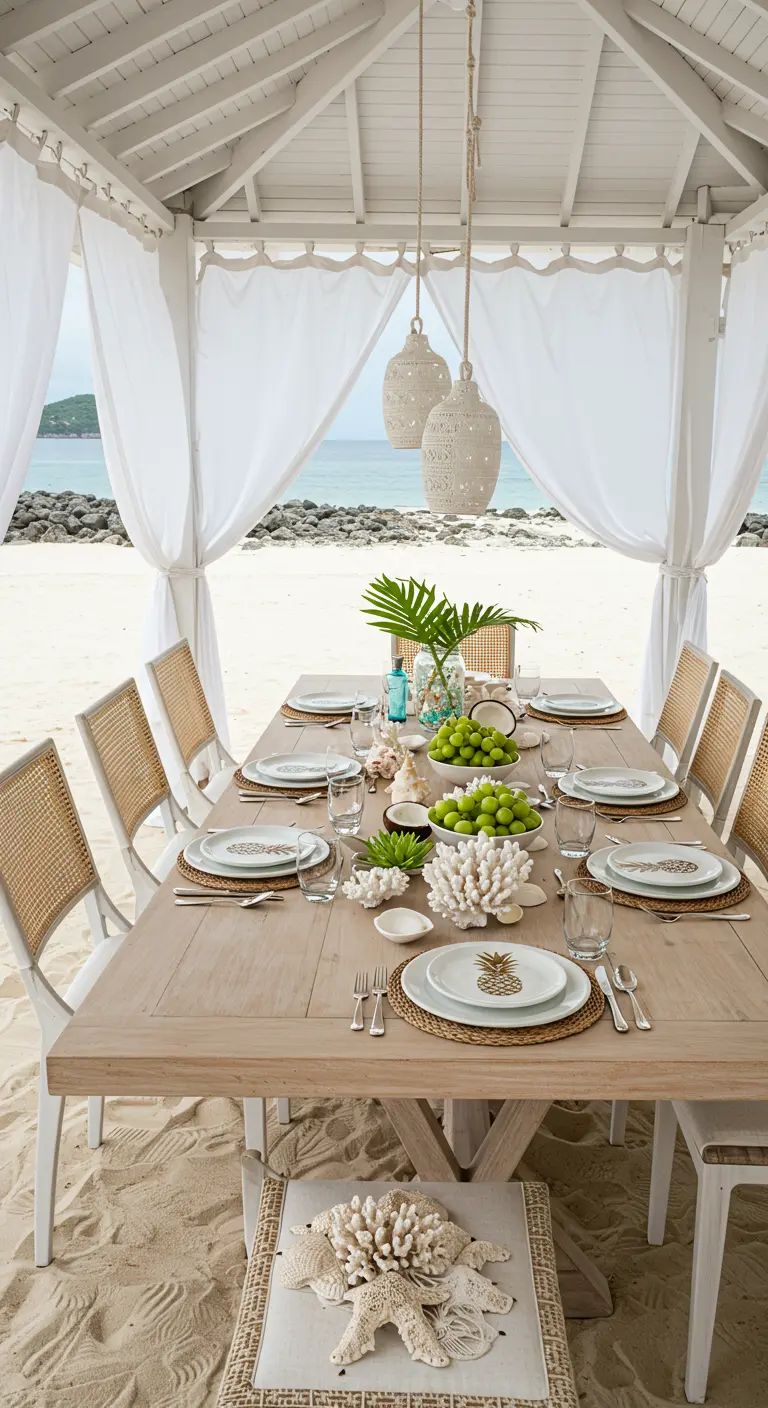 Elegante mesa de comedor en la playa bajo una cabaña blanca con decoración de coral.
