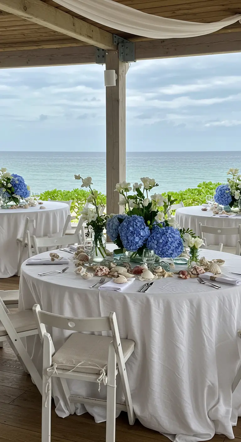 Mesa redonda para bautizo frente al mar con hortensias azules y conchas marinas.