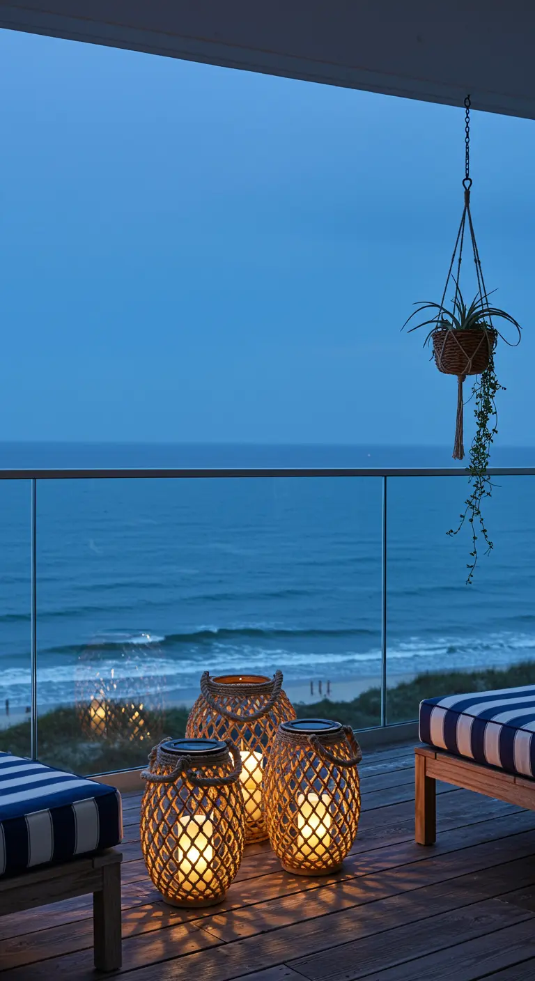 Terraza con vistas al mar, tumbonas con cojines a rayas y farolillos de cuerda con luz cálida.