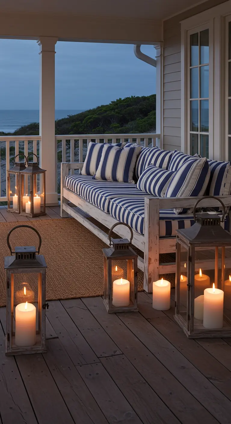 Porche costero con sofá de madera blanca, cojines a rayas azules y faroles con velas en el suelo.