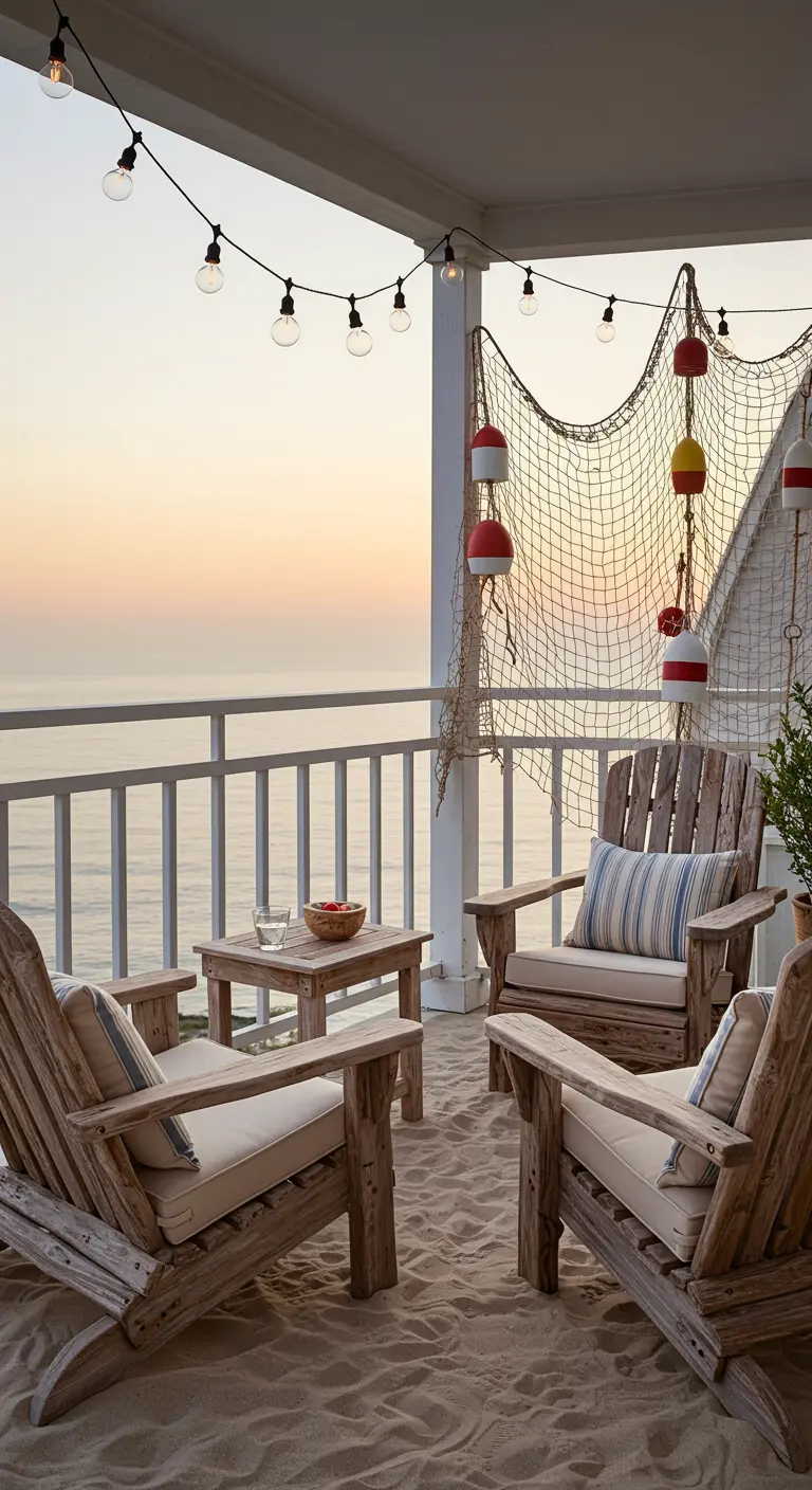 Balcón con temática playera, sillas de madera Adirondack, arena en el suelo y una red de pesca decorativa