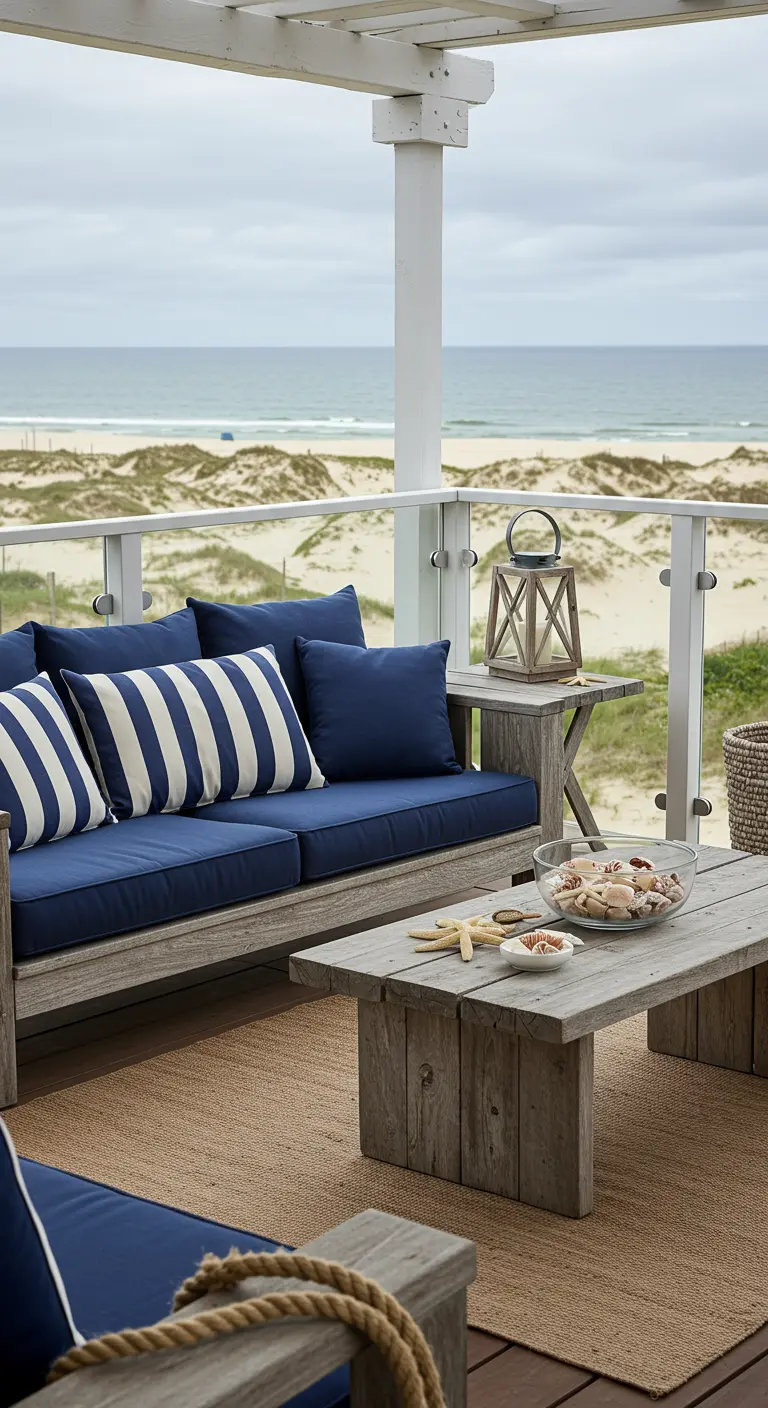 Terraza costera con sofás de madera envejecida, cojines azules y blancos, y vistas a la playa.