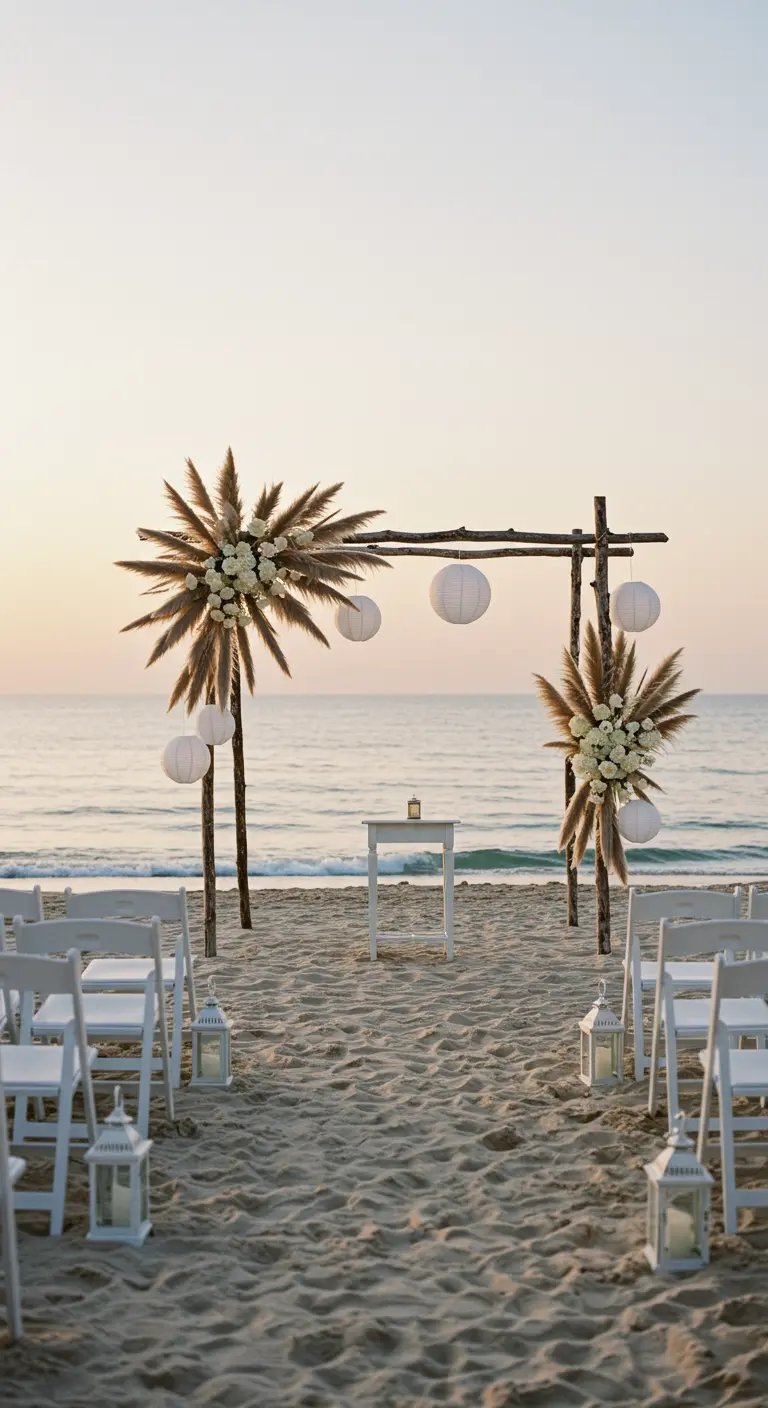 Altar de boda en la playa con lámparas de papel blancas y adornos de pampa.