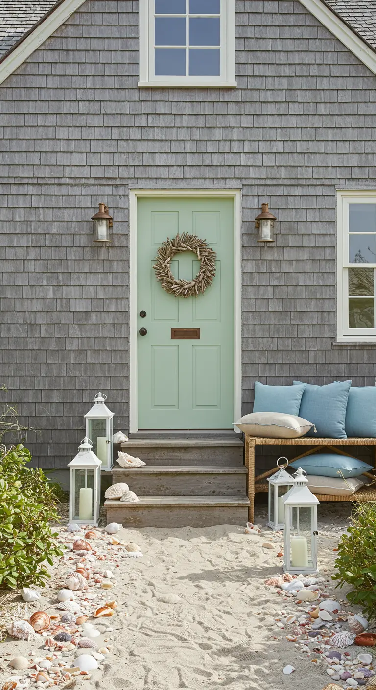 Entrada de casa de playa con arena, conchas, faroles blancos y una puerta color menta.