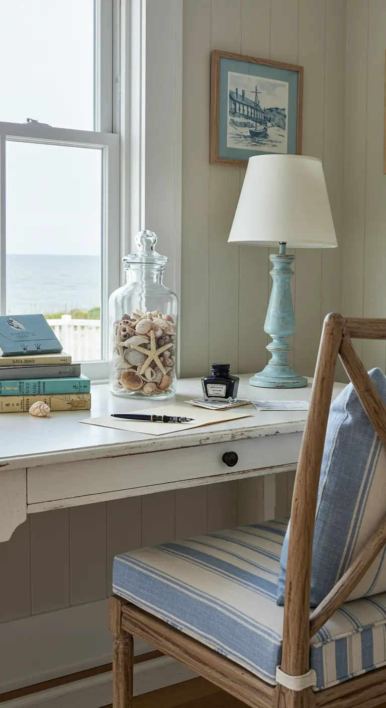 Escritorio blanco con vistas al mar, decorado con un tarro de conchas y una lámpara azul.