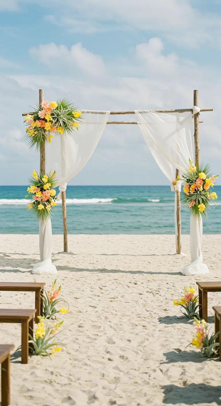 Arco de boda de bambú en la playa con telas blancas y flores tropicales.