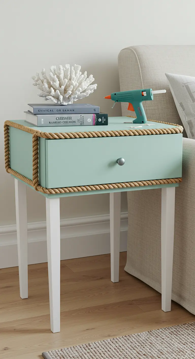 Mesa auxiliar verde menta con los bordes decorados con cuerda de yute, estilo costero