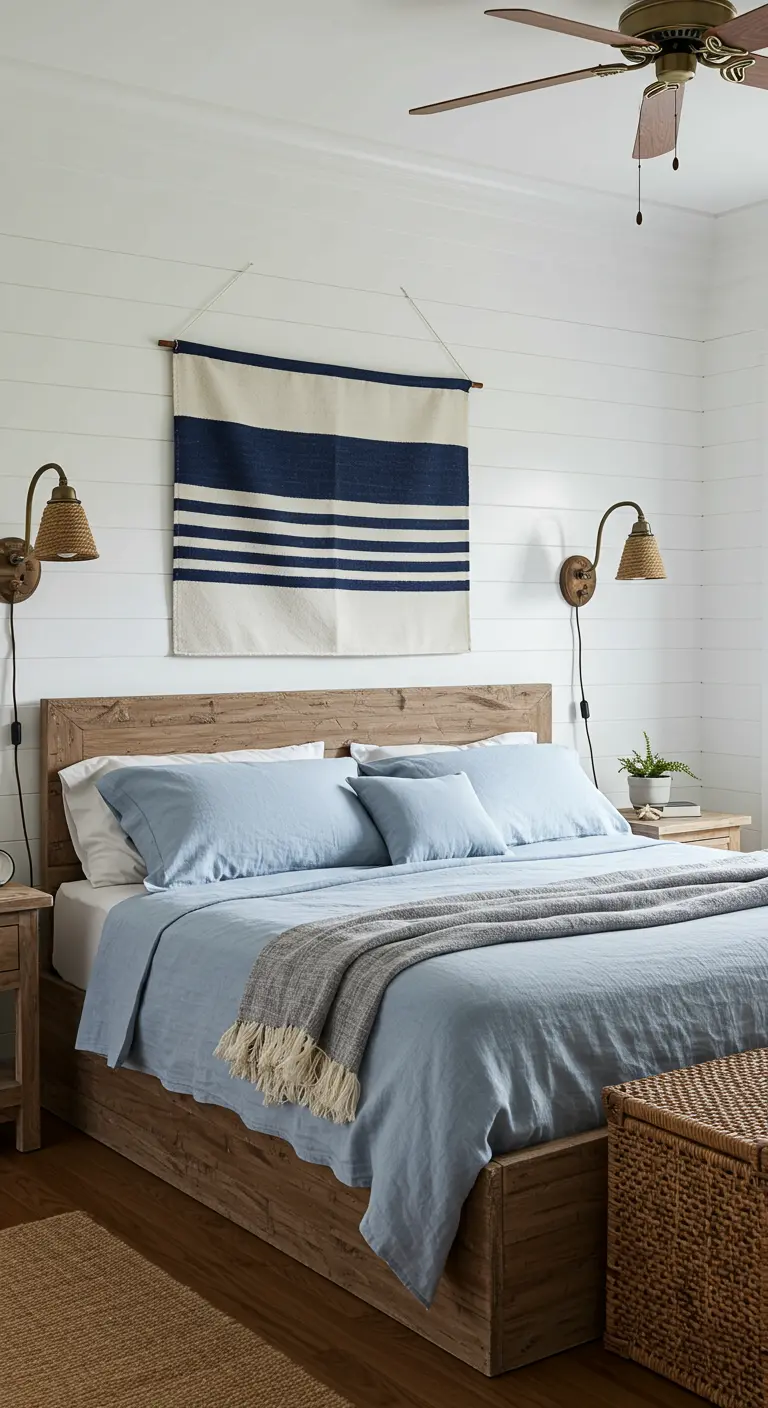 Dormitorio de estilo costero con un tapiz de rayas horizontales en azul marino y blanco.