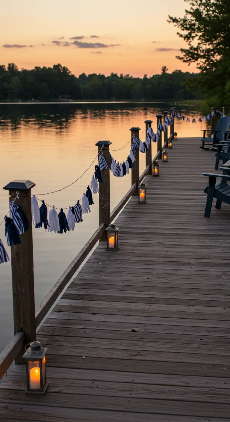 Muelle de madera al atardecer decorado con guirnaldas de borlas azules y blancas.