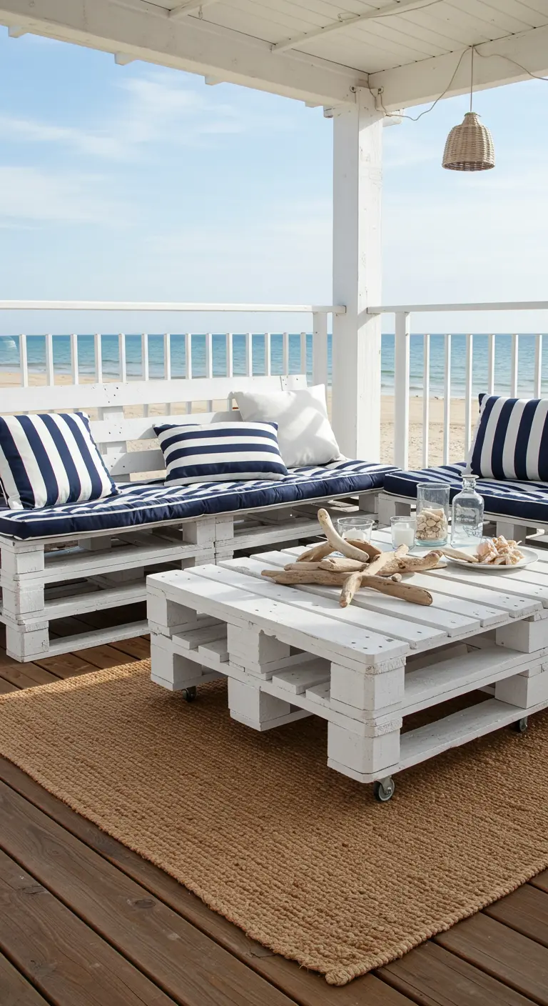 Porche playero con muebles de palets blancos, cojines de rayas marineras y decoración con madera de deriva.