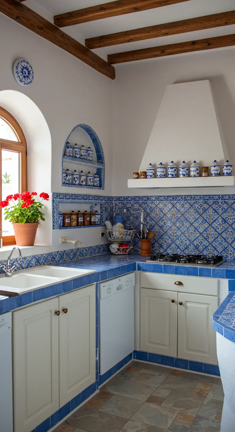 Cocina de estilo mediterráneo con azulejos azules y blancos, nichos y una maceta con geranios.
