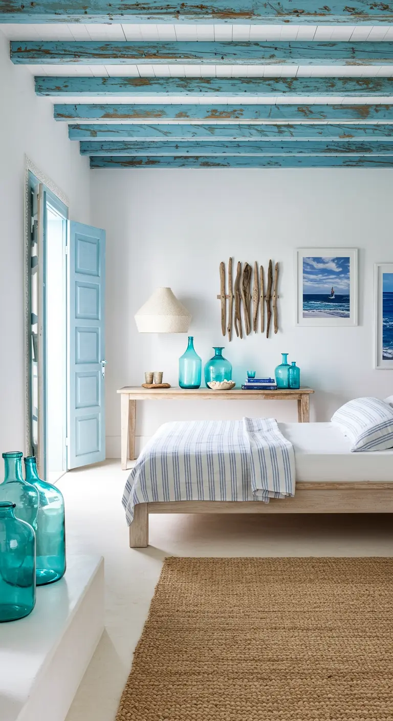 Dormitorio de inspiración marroquí y griega con paredes blancas, vigas y puertas azules, y detalles de vidrio.