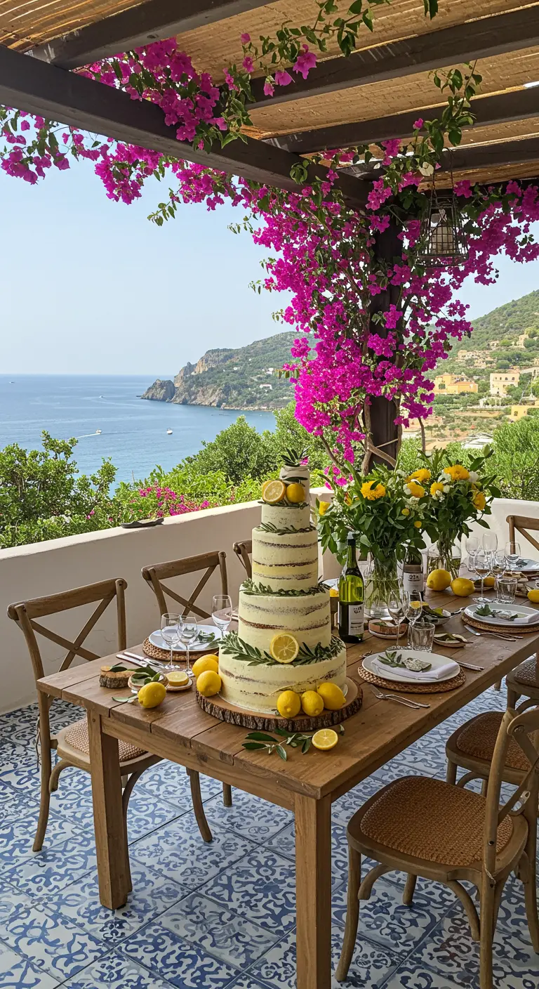 Pastel de bodas con limones y hojas de olivo en una terraza con vistas al mar.