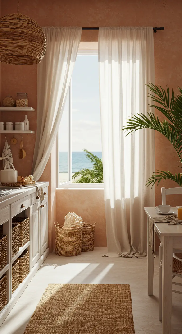 Cocina costera con paredes terracota, cortinas blancas y cestas de mimbre.