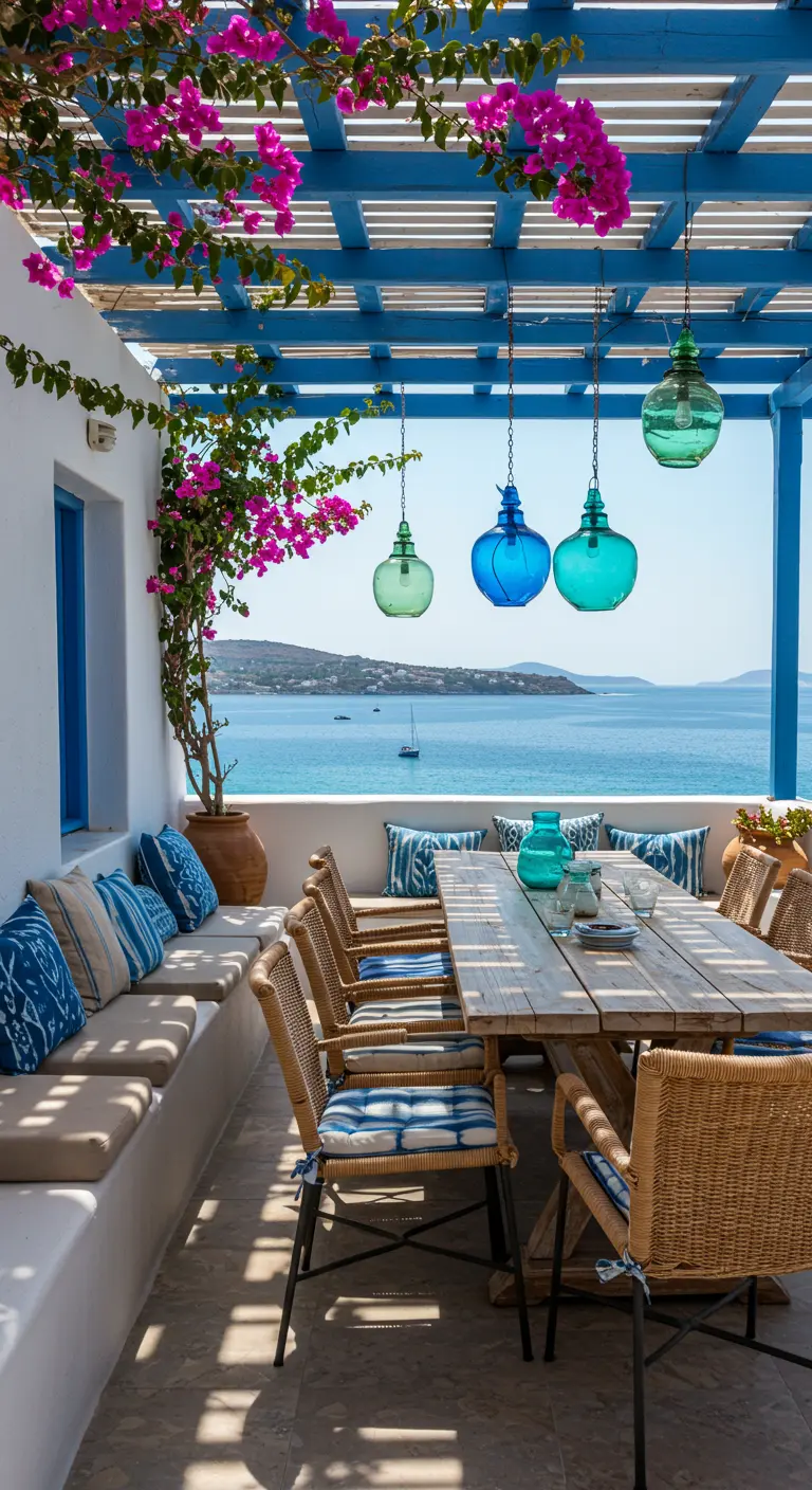 Terraza de estilo griego con faroles de vidrio azul y buganvillas.