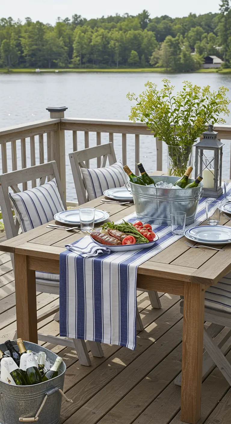 Mesa de comedor en una terraza junto a un lago con un camino de mesa a rayas azules.