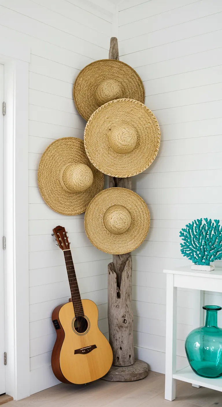Rincón con pared de madera blanca, sombreros de paja colgados en un tronco y una guitarra.