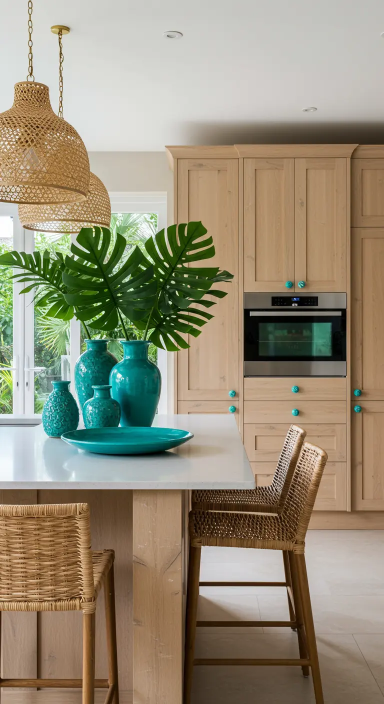 Cocina con isla, muebles de madera y un vibrante conjunto de jarrones de cerámica turquesa.