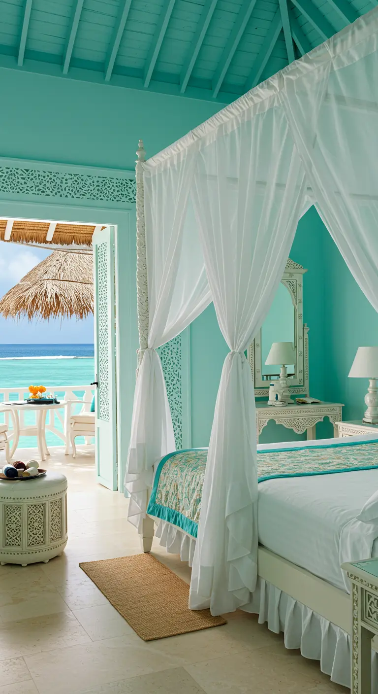 Dormitorio de estilo costero con paredes turquesa y cama con dosel blanco