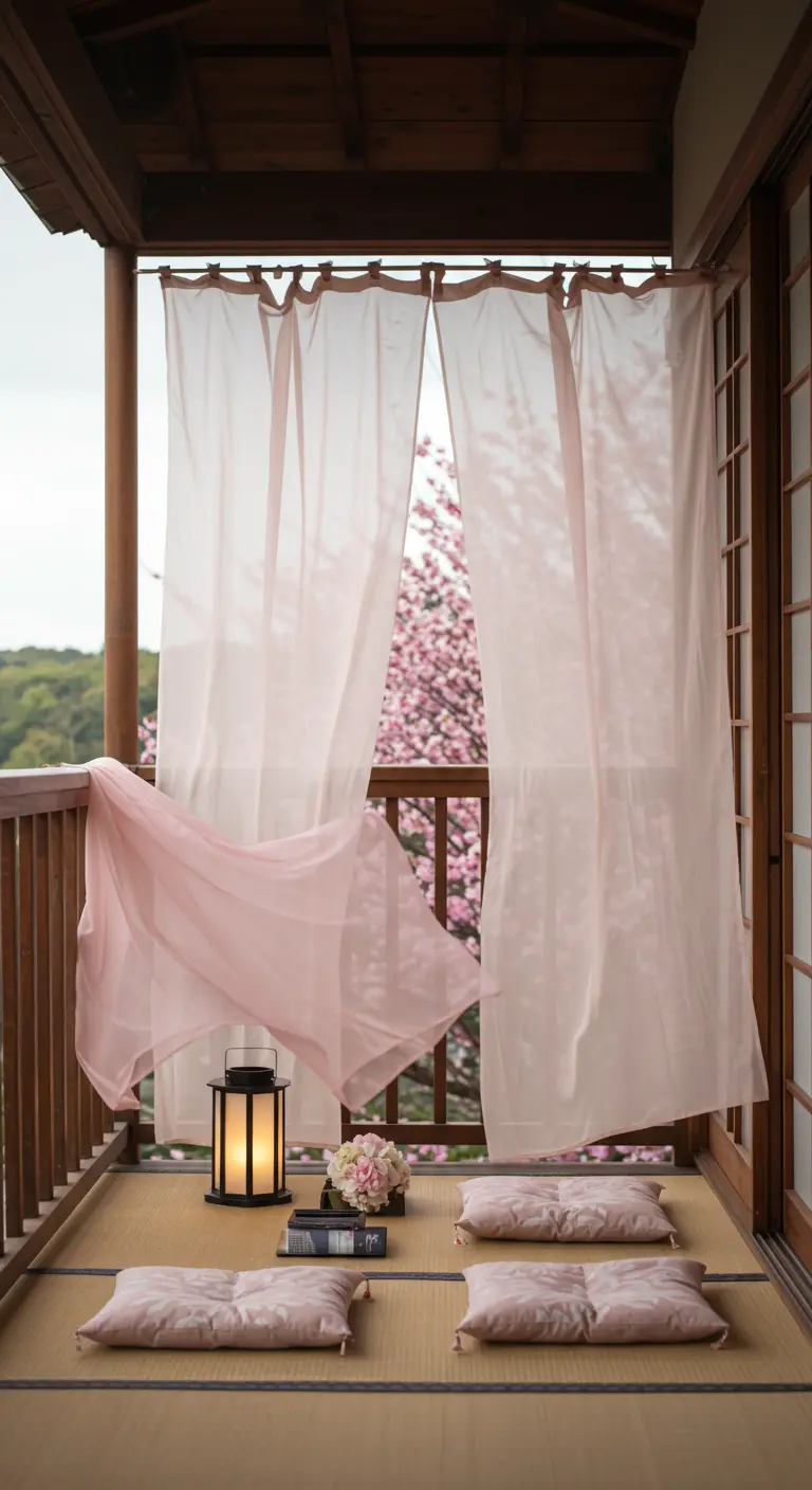Balcón japonés sereno con cortinas de velo rosa, cojines en el suelo y un farolillo.