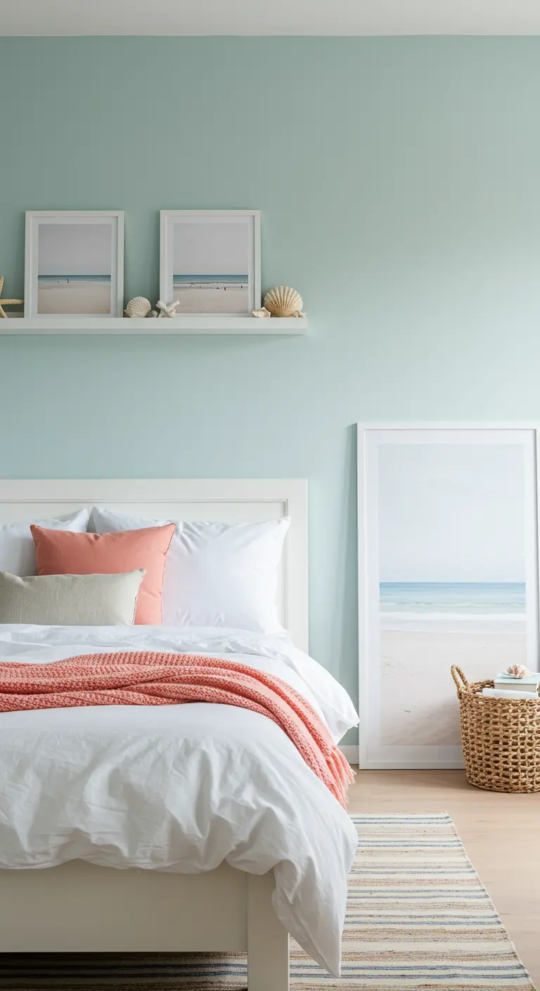 Habitación de estilo costero con paredes verde menta y acentos de color coral en los textiles.