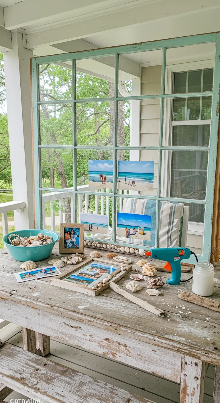 Marco de ventana pintado de verde menta y decorado con conchas marinas y fotos de la playa.
