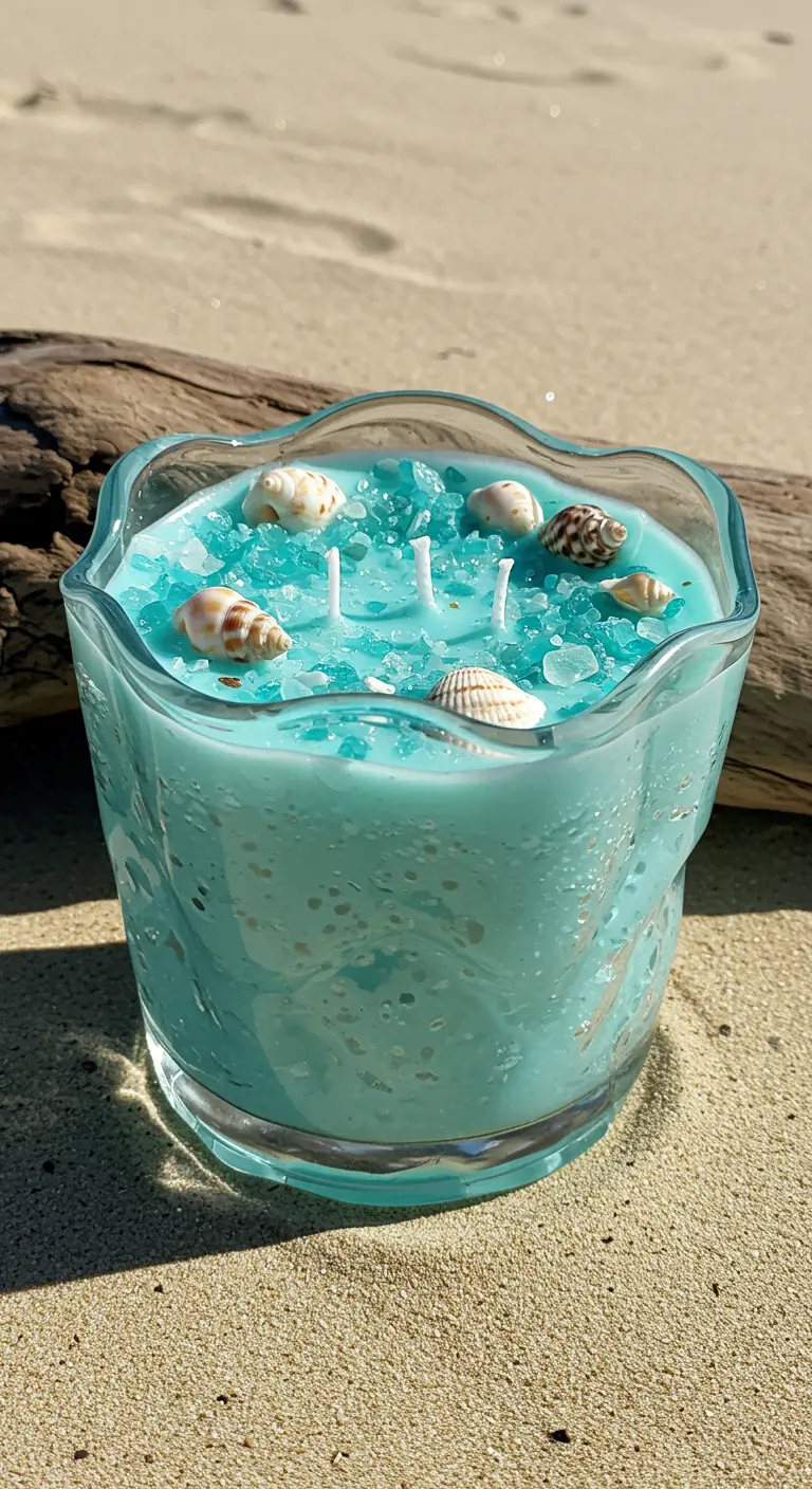 Vela color turquesa en un vaso de cristal ondulado, decorada con conchas marinas
