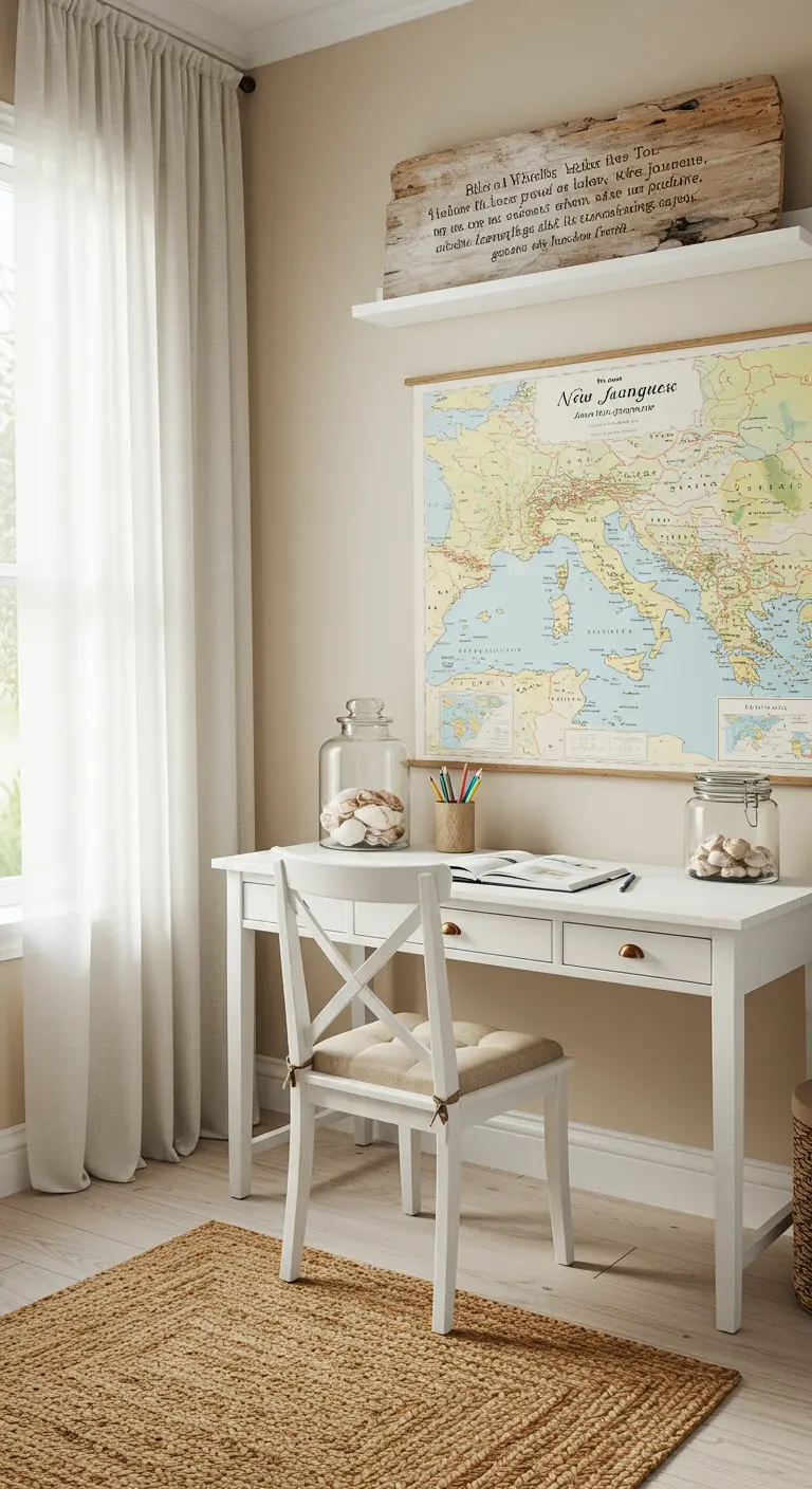 Rincón de estudio de estilo costero con escritorio blanco, mapa antiguo y detalles marinos.