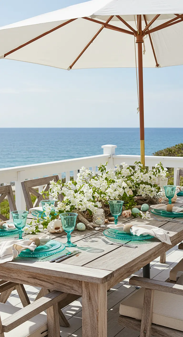 Mesa de Pascua en una terraza con vistas al mar y centro de flores blancas.
